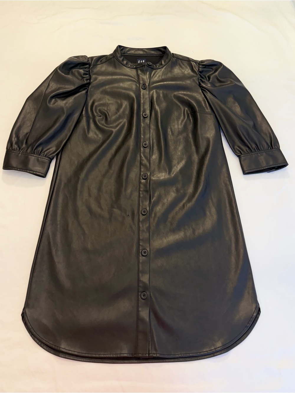 GAP Black Faux Leather Puff-Sleeve Button-Front Dress